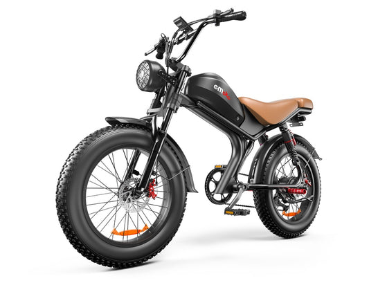Black electric fat tire bike with brown leather seat, emoko logo, front headlight, and disc brakes