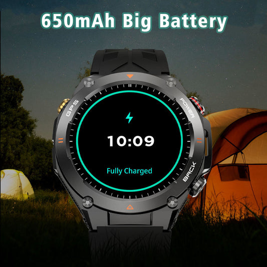 Smartwatch with 650mAh big battery fully charged, outdoor camping night background with tents