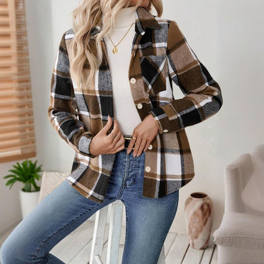 Women's Checkered Fleece Lined Shacket, Plaid Button Down Shirt Jacket With Chest Pockets, Fall Winter Outerwear Coat