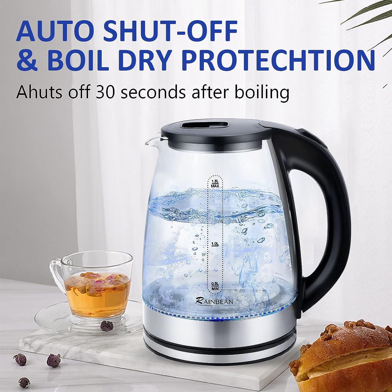 NEW Electric Kettle Water Boiler, 1.8L Electric Tea Kettle, Wide Opening Hot Water Boiler With LED Light, Auto Shut-Off & Boil Dry Protection, Glass Black