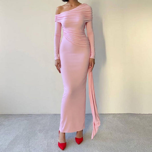 NEW Women's Elegant One-Shoulder Ruffle Dress, Long Sleeve Bodycon Gown With Flowing Ribbon For Spring And Fall