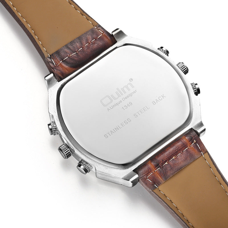 Back of Oulm wristwatch with stainless steel case and brown leather strap