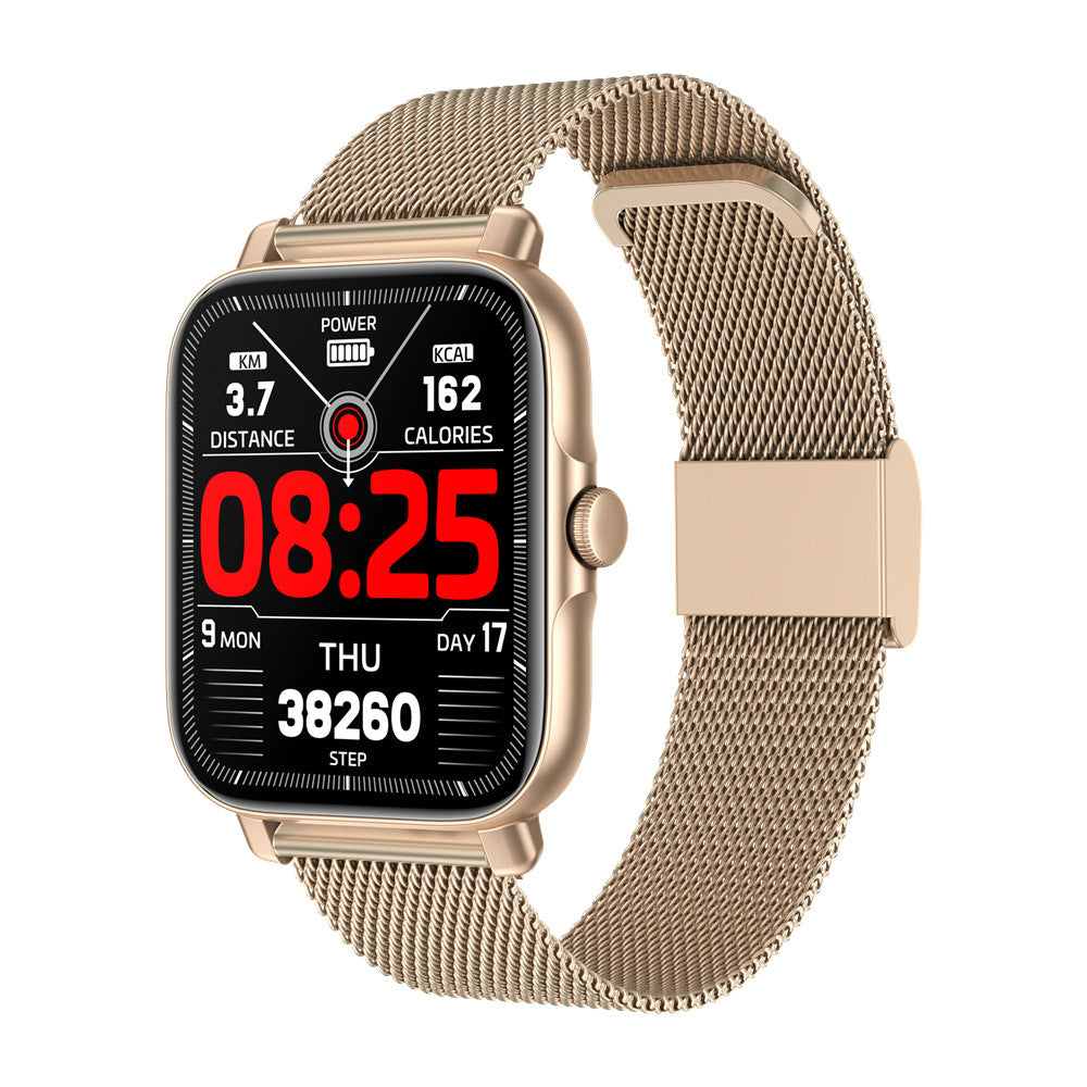 gold smart watch with mesh strap showing time, steps, distance, calories, and date on digital fitness display