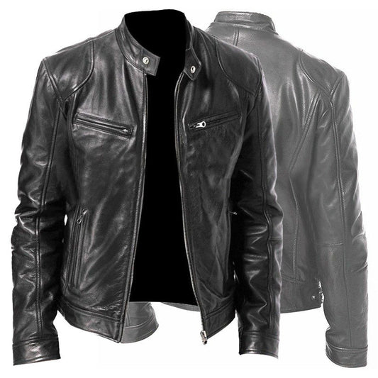 Men's Zip-up Cardigan PU Leather Jacket Fashion Pockets Stand Collar Short Tops Clothing