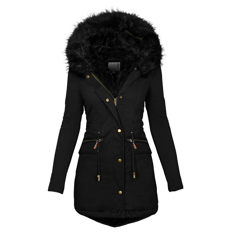 Women’s Casual Mid-Length Cotton-Padded Coat – Warm Polyester Jacket with Long Sleeves & Straight Fit