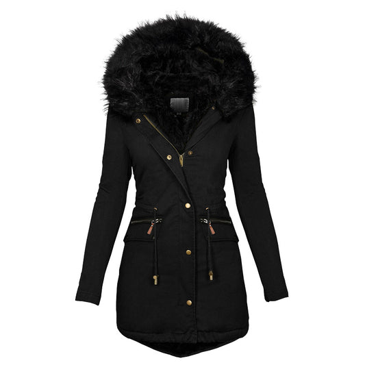 Women’s Casual Mid-Length Cotton-Padded Coat – Warm Polyester Jacket with Long Sleeves & Straight Fit