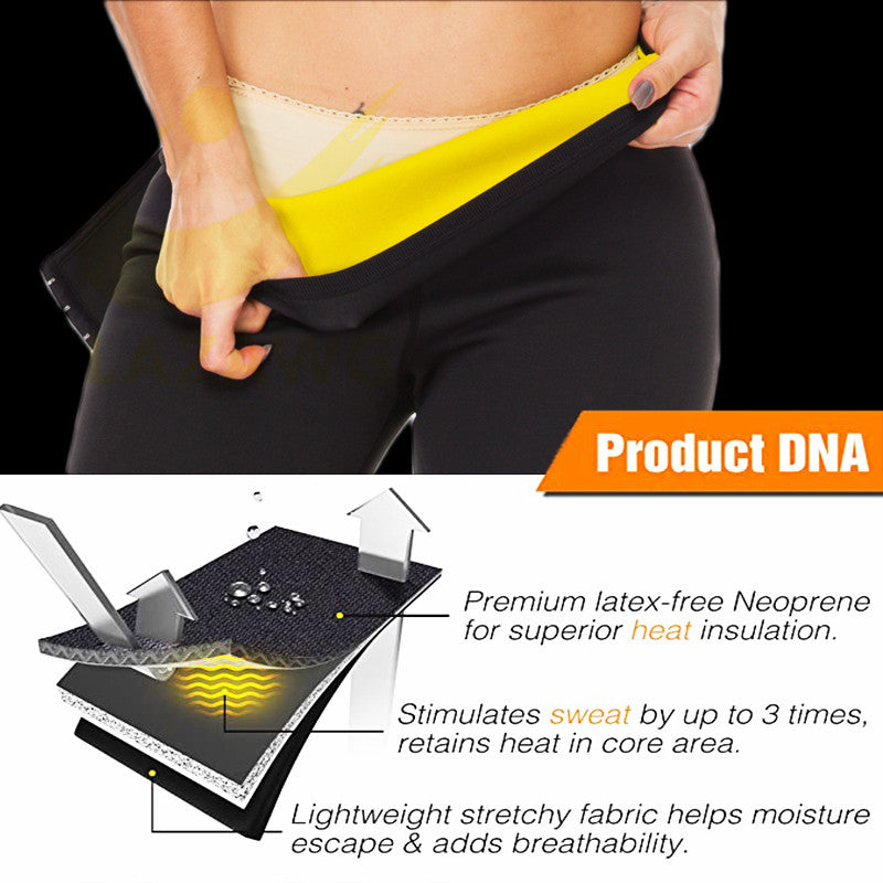 Close-up of a person pulling black neoprene waist garment to show yellow inner lining, highlighting heat insulation and sweat stimulation properties