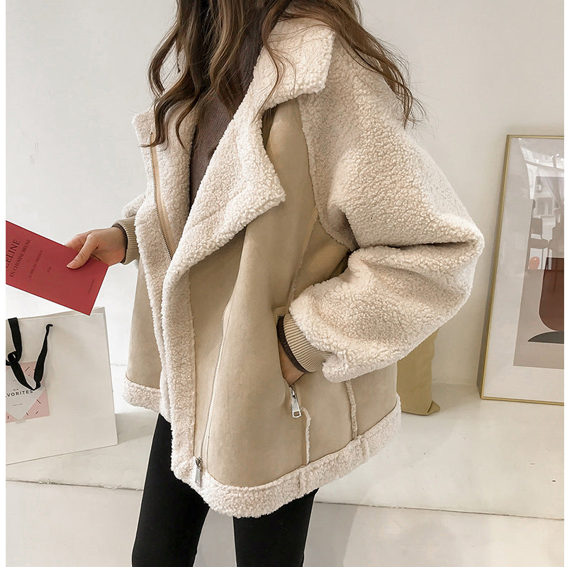 Women’s Sweet Style Long-Sleeve Jacket – Soft Polyester Coat in Khaki & Beige