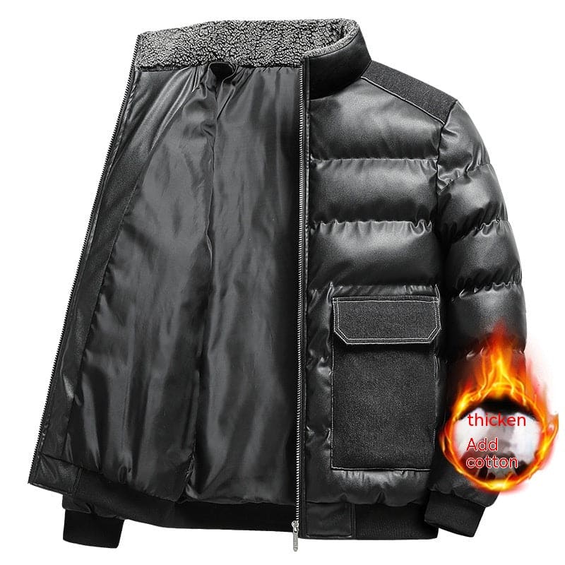 Black puffer jacket with thick cotton lining and insulated interior, unzipped to show warm inside
