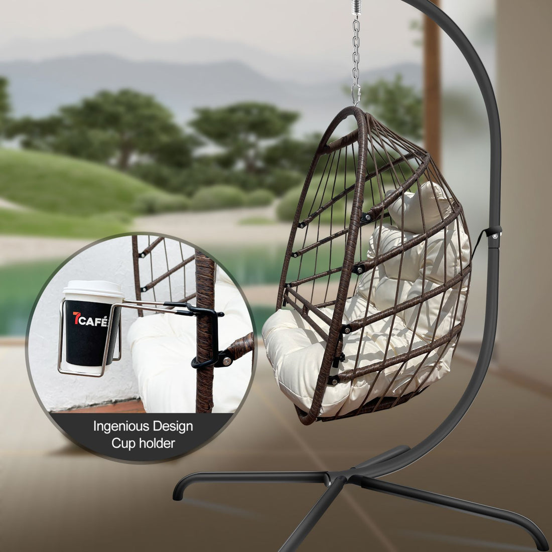 NEW Swing Egg Chair With Stand Indoor Outdoor, UV Resistant Cushion Hanging Chair With Guardrail And Cup Holder, Anti-Rust Foldable Aluminum Frame Hammock Chair, 350lbs Capacity For Porch Backyard