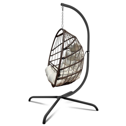NEW Swing Egg Chair With Stand Indoor Outdoor, UV Resistant Cushion Hanging Chair With Guardrail And Cup Holder, Anti-Rust Foldable Aluminum Frame Hammock Chair, 350lbs Capacity For Porch Backyard