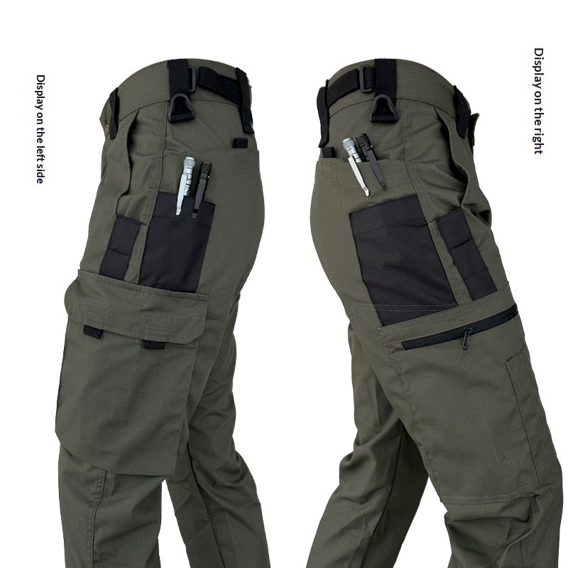 Olive green tactical cargo pants with black pockets and belt loops shown from left and right side views