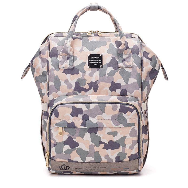 Lequeen camo print diaper backpack with front zipper pocket and dual handles