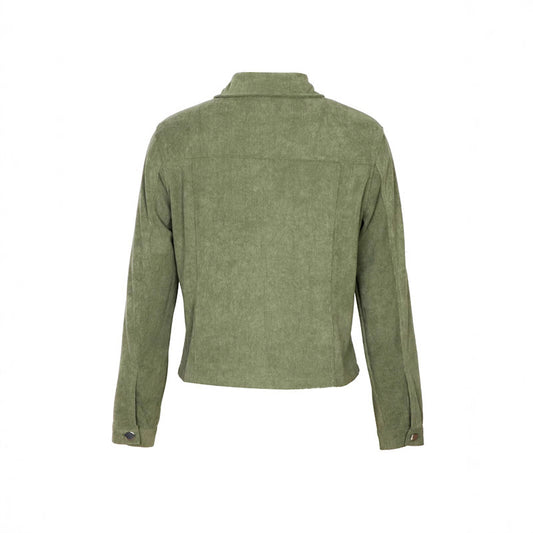 Back view of olive green suede jacket with long sleeves and buttoned cuffs