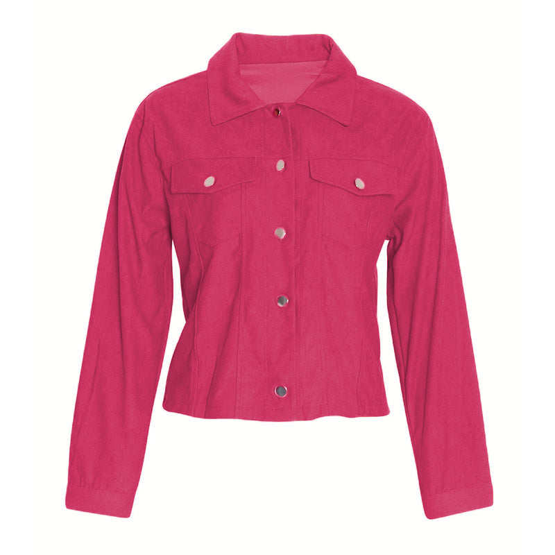 Pink suede women's jacket with silver snap buttons and chest flap pockets
