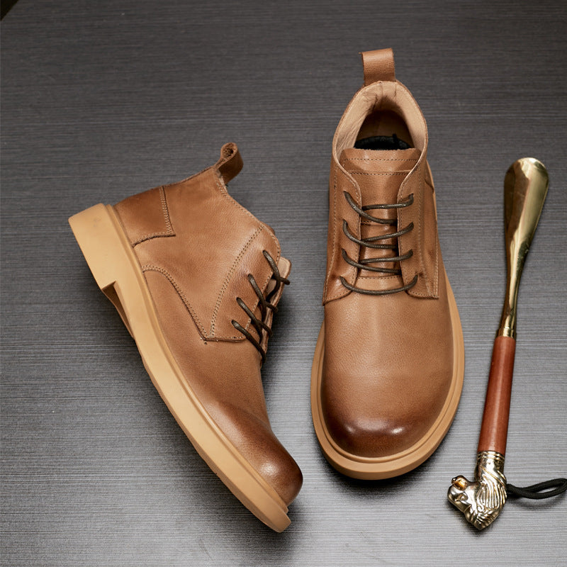 Martin NEW Boots Fashion Leather Boots Flat Lace-up Mid-top Boots Casual All-match Men&