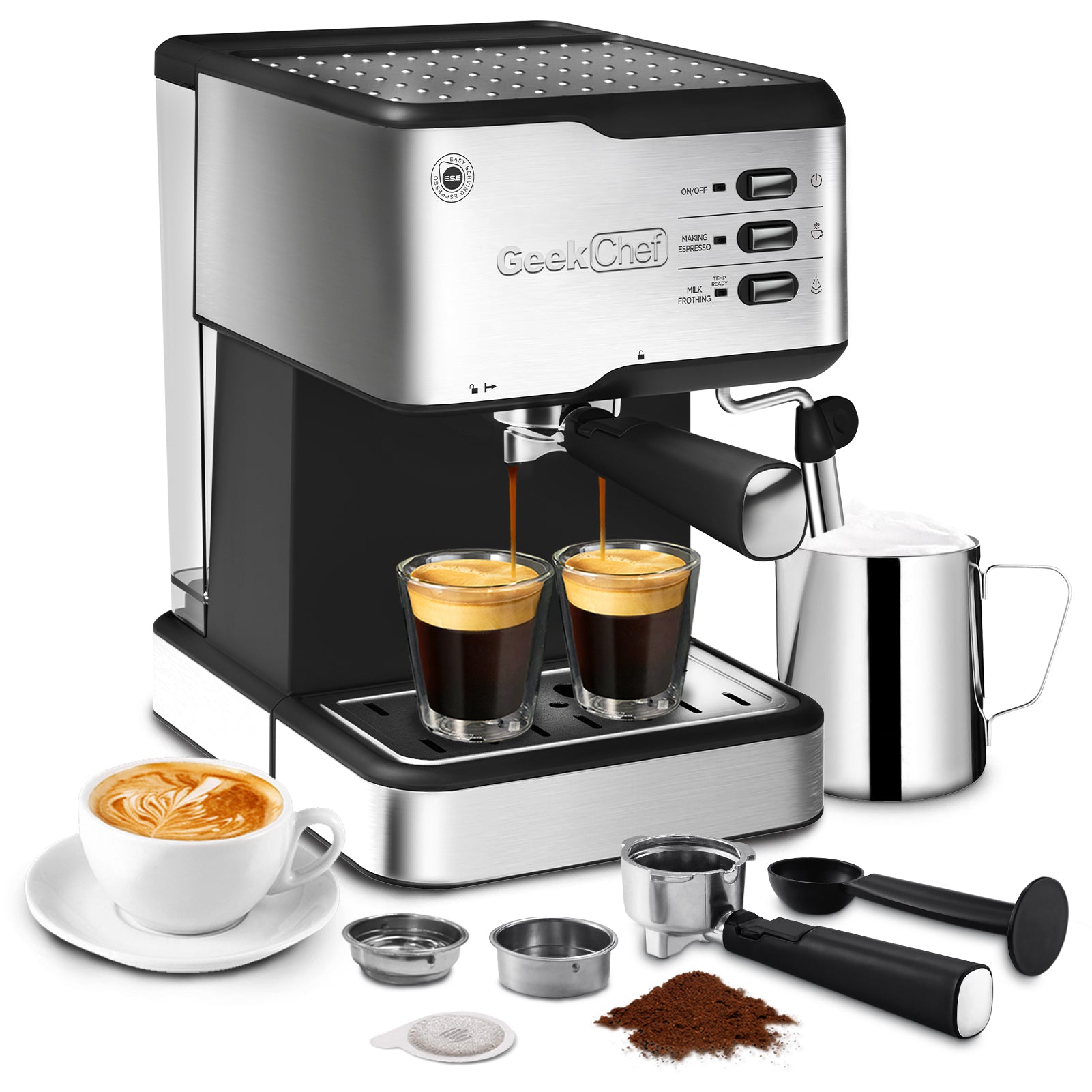 NEW Chef Espresso Machine, Espresso & Cappuccino Latte Maker 20 Bar Coffee Machine Compatible With ESE POD Capsules Filter&Milk Frother Steam Wand, 950W, 1.5L Water Tank Ban On Amazon
