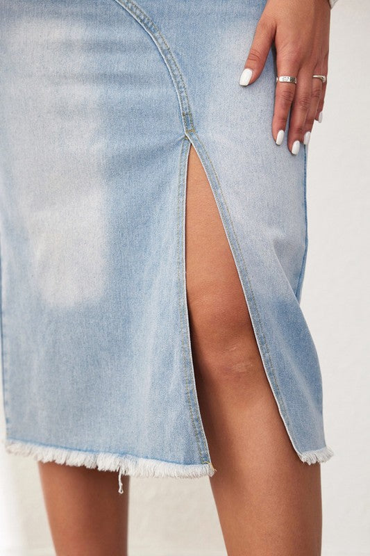 Women’s High-Waisted Split Denim Midi Skirt – Asymmetrical Zip Fly & Slim Fit