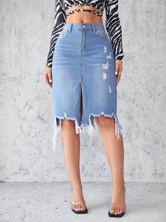 Women’s High-Waisted Mini Denim Skirt – Five-Pocket Design, Front Vent, Zip Button Closure