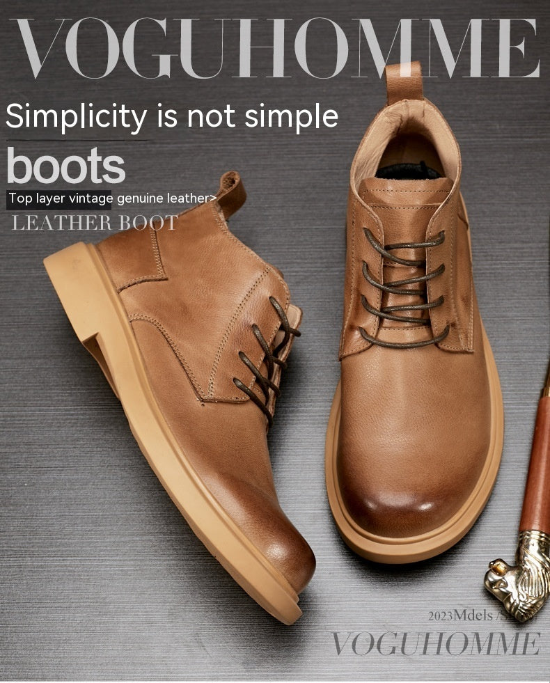 Martin NEW Boots Fashion Leather Boots Flat Lace-up Mid-top Boots Casual All-match Men&