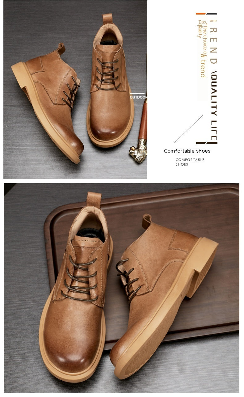 Martin NEW Boots Fashion Leather Boots Flat Lace-up Mid-top Boots Casual All-match Men&