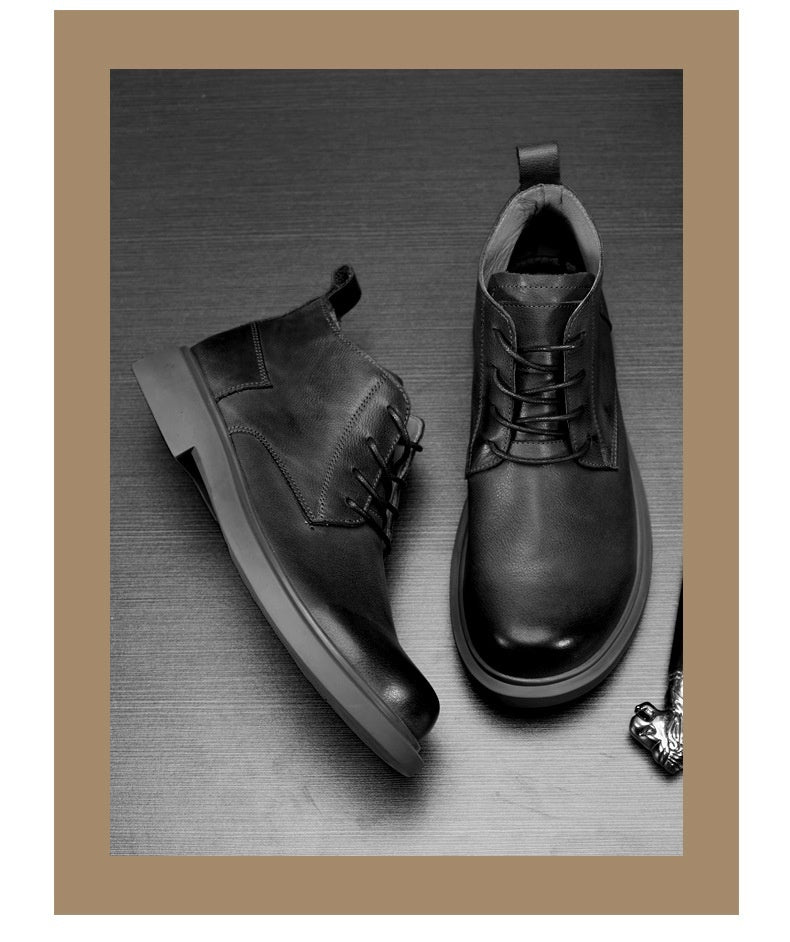 Martin NEW Boots Fashion Leather Boots Flat Lace-up Mid-top Boots Casual All-match Men&