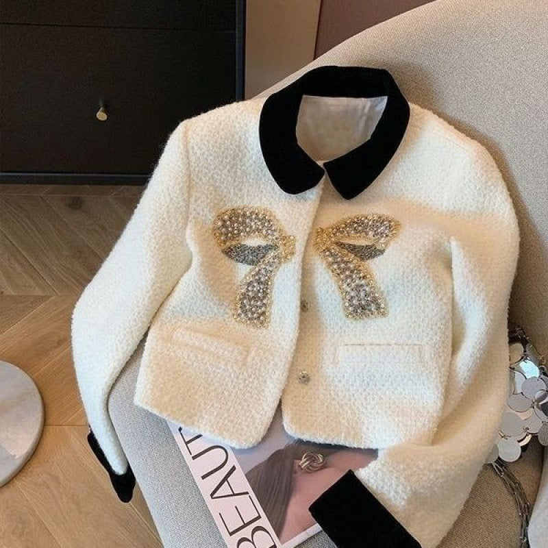 Classic Style Heavy Industry Beads Bow Stitching Turn-down Collar Coat