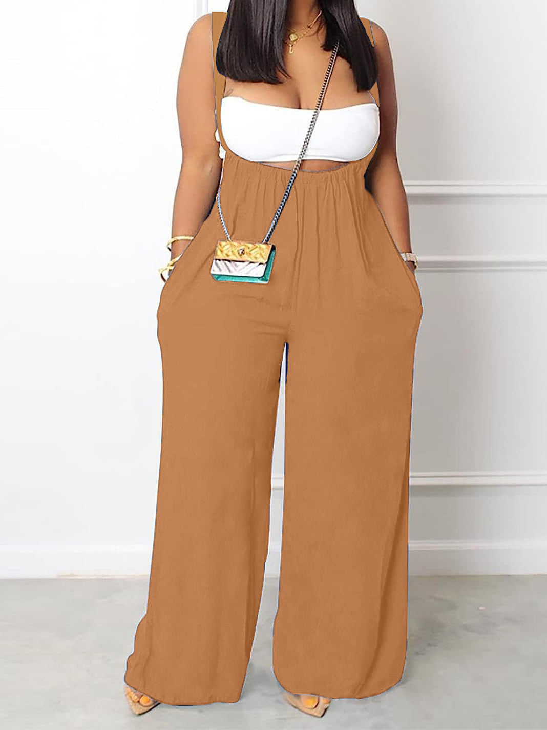 NEW Plus Size Solid Color Pocket Overalls Casual Women&