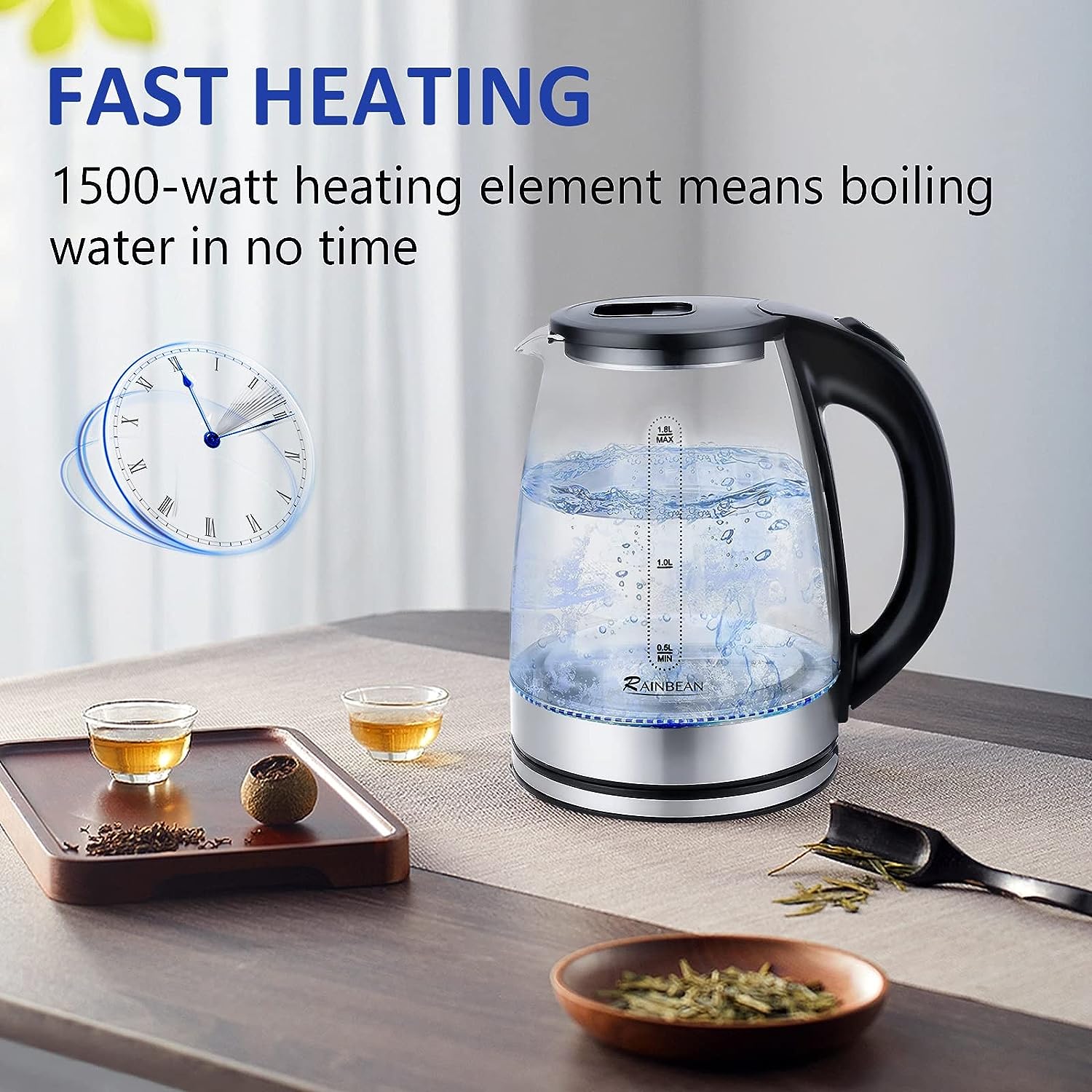NEW Electric Kettle Water Boiler, 1.8L Electric Tea Kettle, Wide Opening Hot Water Boiler With LED Light, Auto Shut-Off & Boil Dry Protection, Glass Black