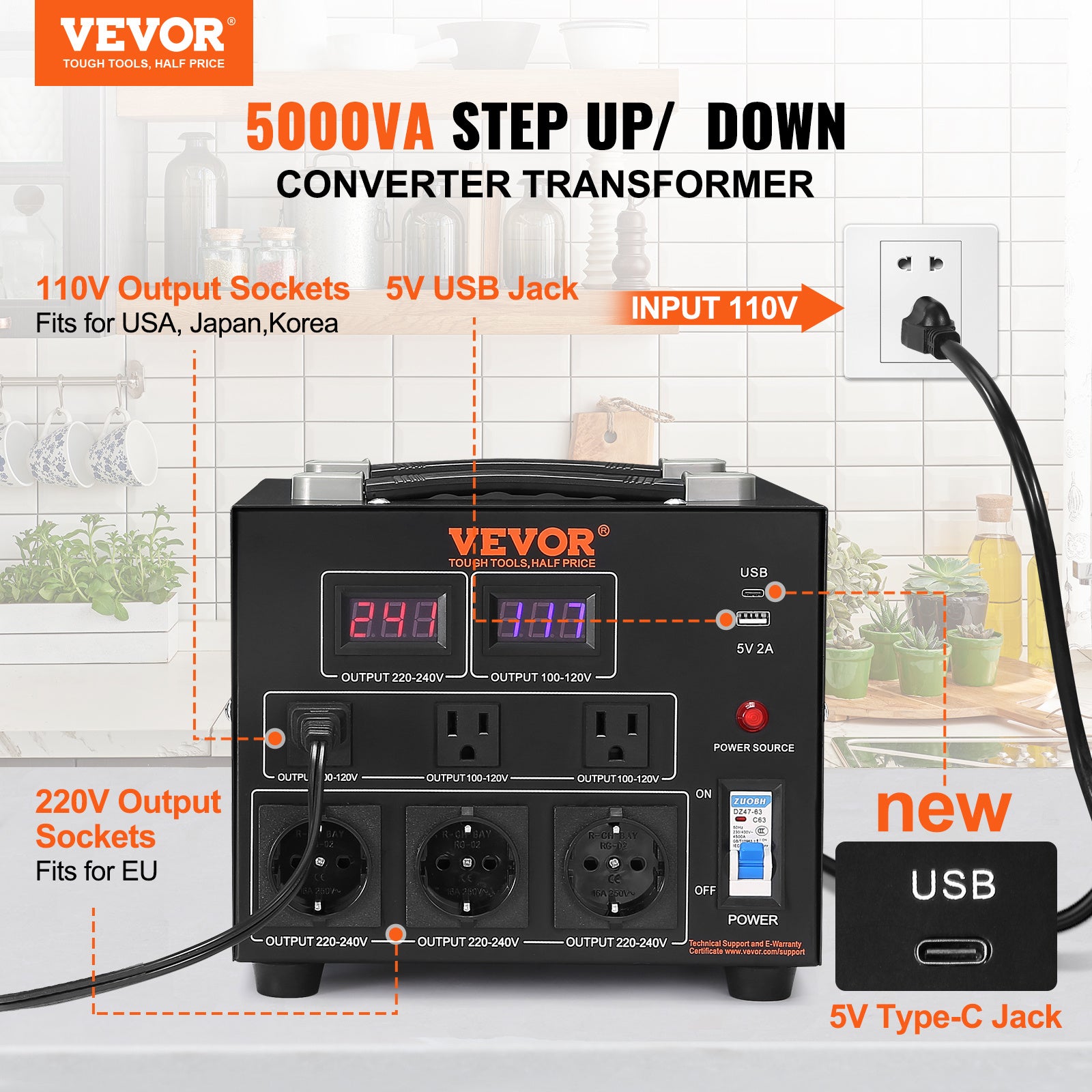 NEW Voltage Converter Transformer, 5000W, Heavy Duty Step Up Down Transformer, Convert From 110 Volt To 220 Volt And From 220 Volt To 110 Volt, With US Outlet EU Outlet 5V USB Port, CE Certified