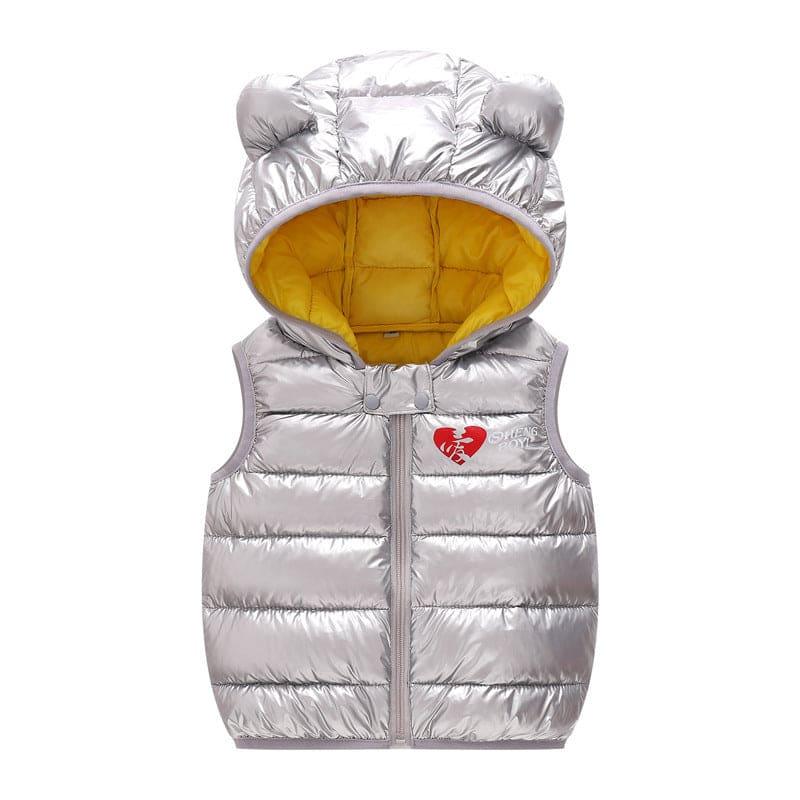 Silver padded sleeveless baby vest with yellow inner lining and cute bear ears on hood