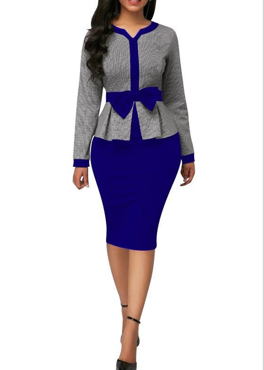 woman wearing a stylish grey and blue peplum top dress with long sleeves and knee-length pencil skirt