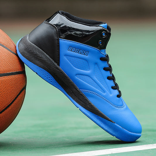Blue and black BAOLDA basketball shoe on green court next to orange basketball