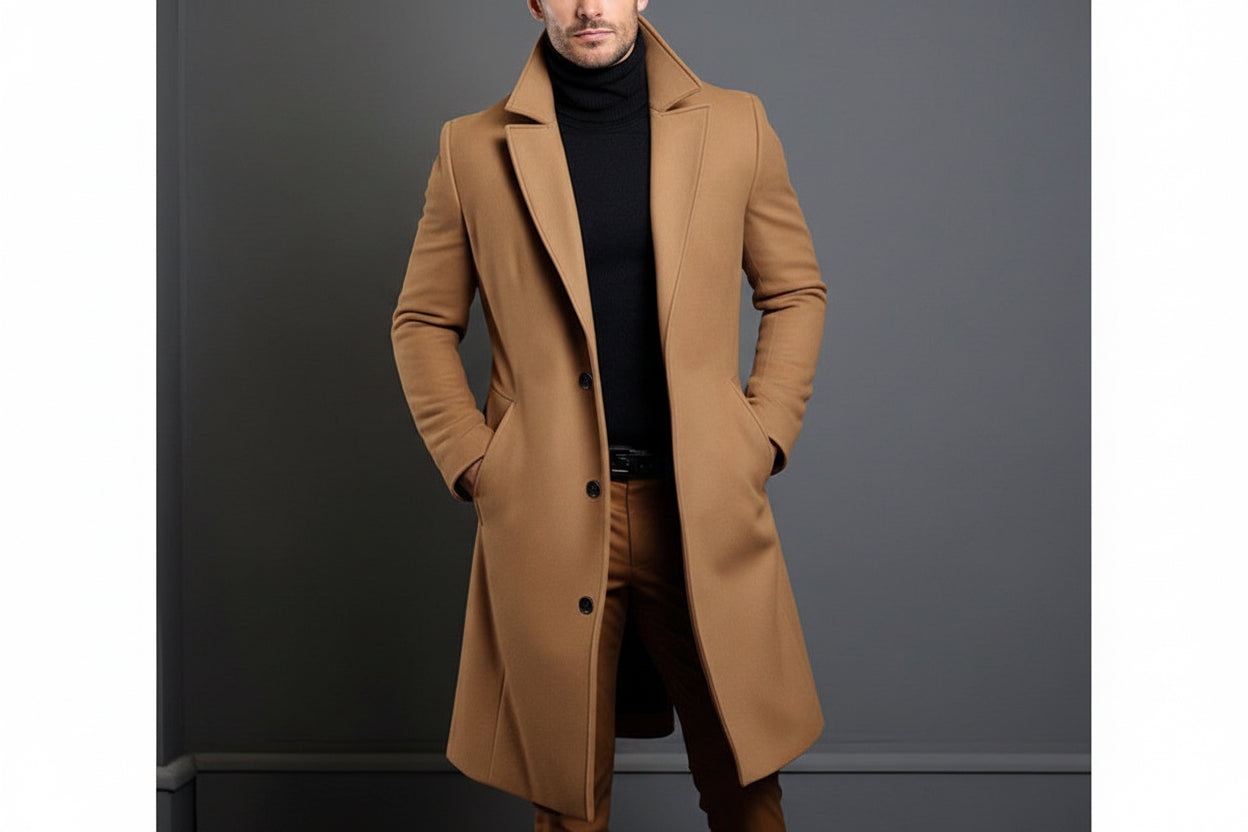 Man wearing a camel wool winter overcoat with black turtleneck and brown trousers