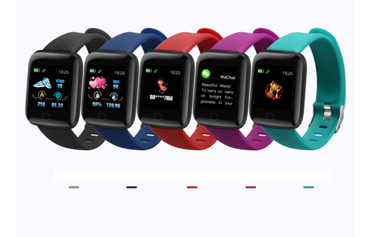 Smartwatches with black, blue, red, purple, and teal bands showing fitness, heart rate, call, WeChat, and notification screens