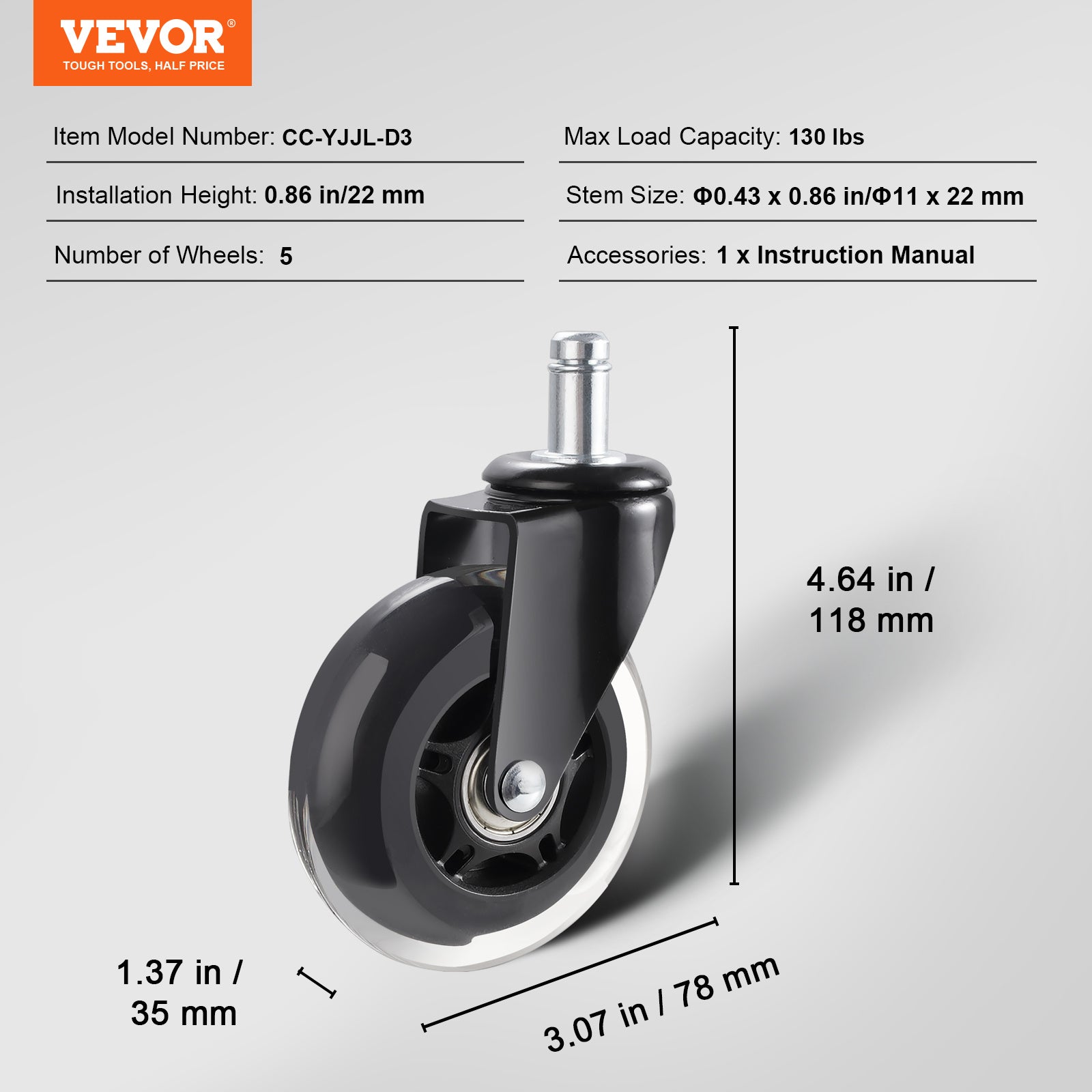 Office Chair Wheels, Set Of 5, 3 Inch Caster Wheels Replacement For Hardwood Floors And Carpet, Heavy Duty Computer Gaming Desk Casters With 130 Lbs Load Capacity,