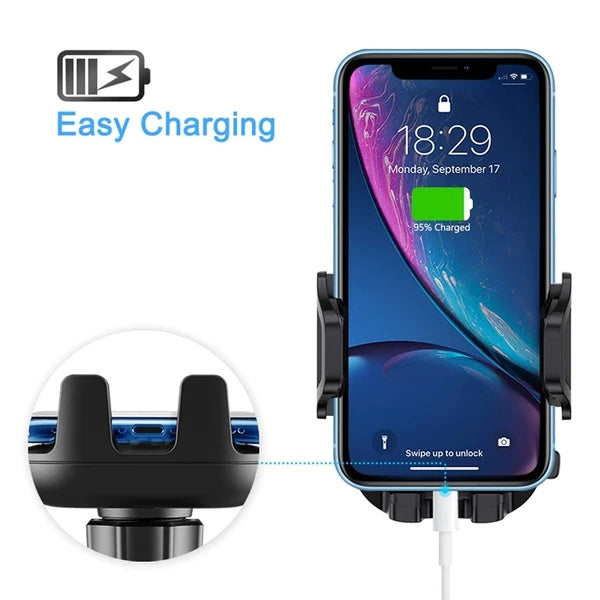 Smartphone mounted on black car phone holder with easy charging, showing 95% battery charged on screen