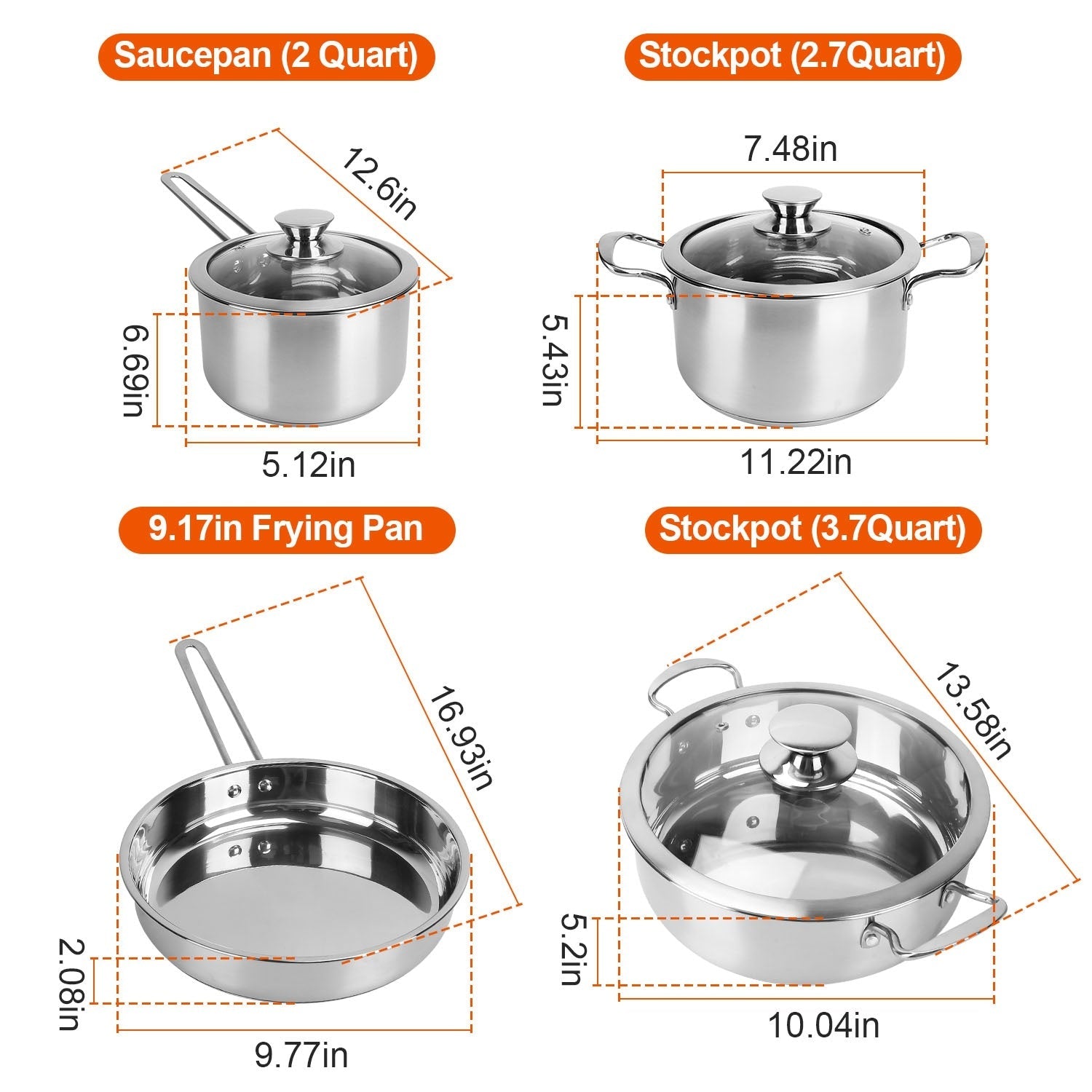 4Pcs Stainless Steel Cookware Set Frying Pan 2Quart Saucepan 2.7Quart 3.7Quart Stockpot With Lid Dishwasher - JonaStore