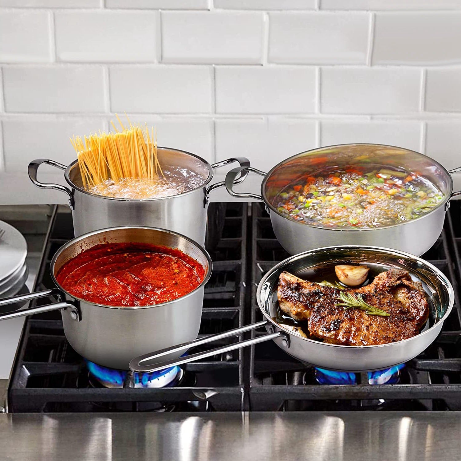 4Pcs Stainless Steel Cookware Set Frying Pan 2Quart Saucepan 2.7Quart 3.7Quart Stockpot With Lid Dishwasher