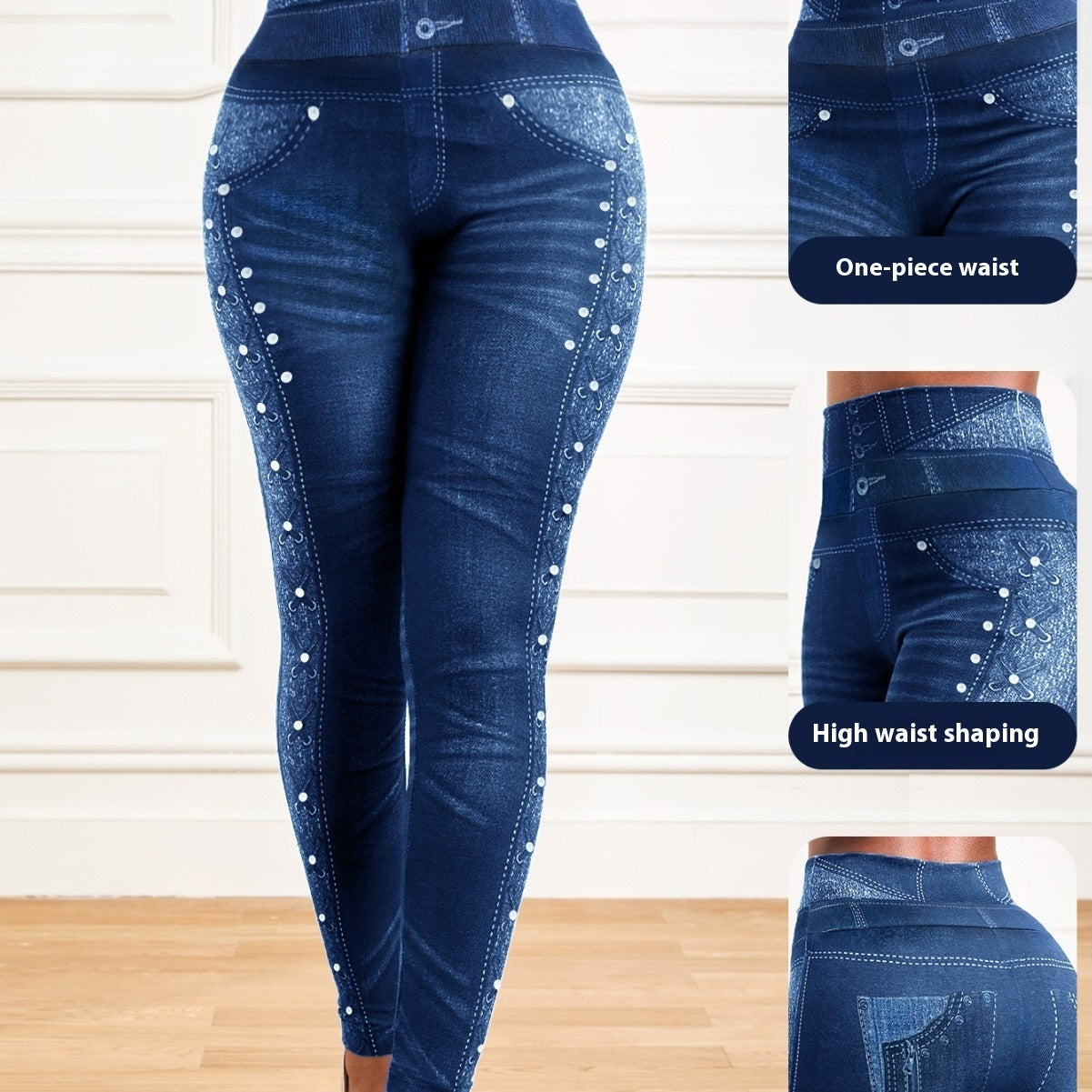 Woman wearing high waist shaping blue denim-style leggings with decorative stitch and stud details