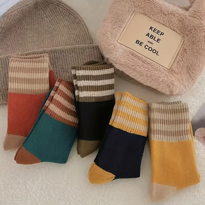 10 Pairs Oversized Thick Polar Fleece Lined Winter Socks – Vintage Striped Thermal Cotton Socks for Women & Men
