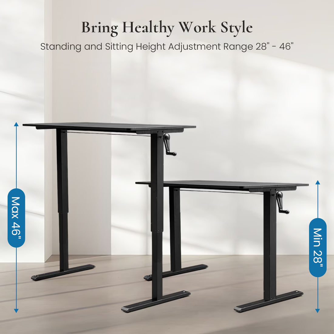 NEW Hand-Crank Adjustable Office Desk Height Adjustable, With Flat Metal Legs