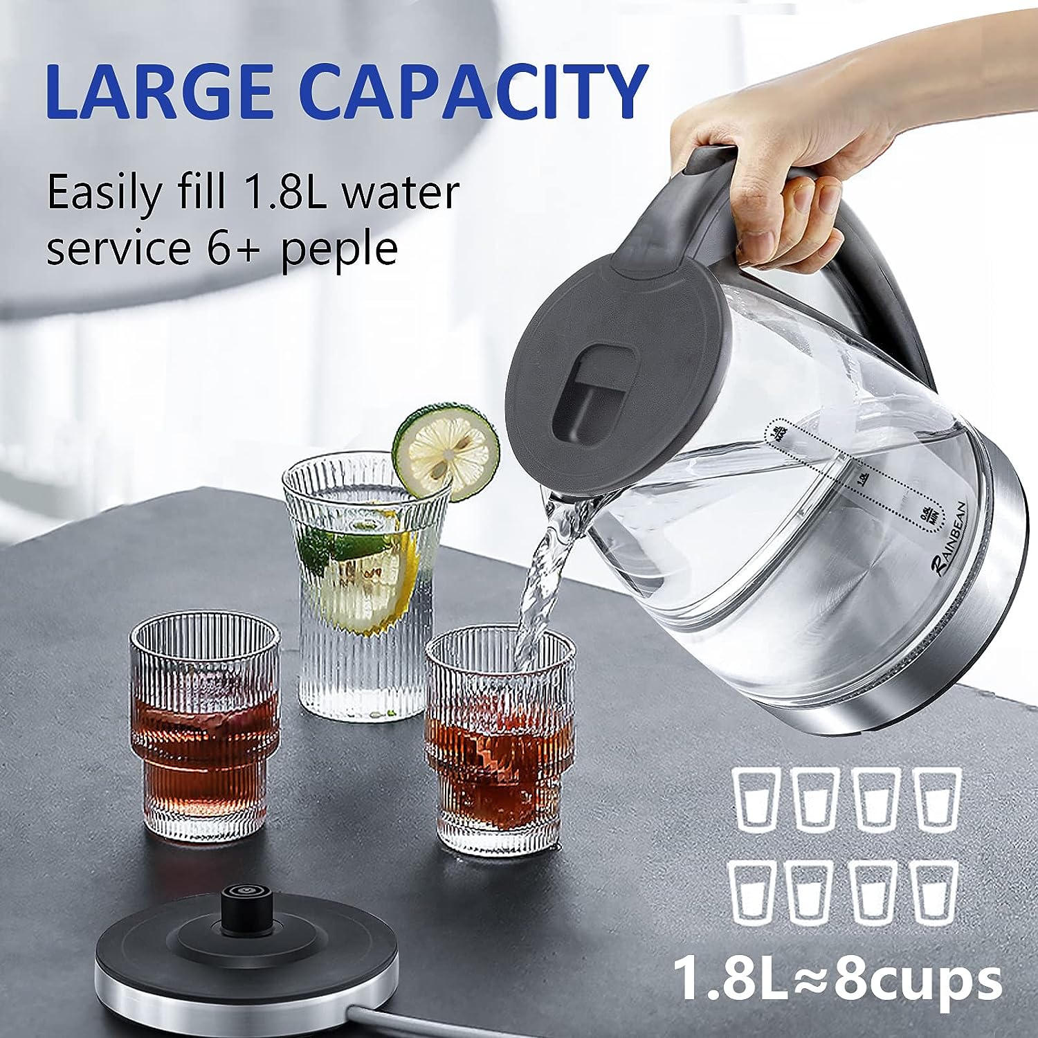 NEW Electric Kettle Water Boiler, 1.8L Electric Tea Kettle, Wide Opening Hot Water Boiler With LED Light, Auto Shut-Off & Boil Dry Protection, Glass Black