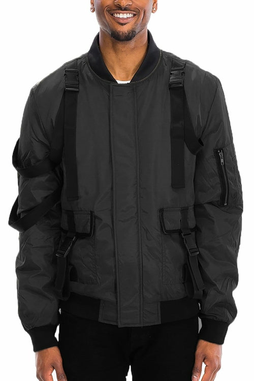 Men’s Tactical Bomber Jacket – Utility Straps, Ribbed Cuffs, Full Zip