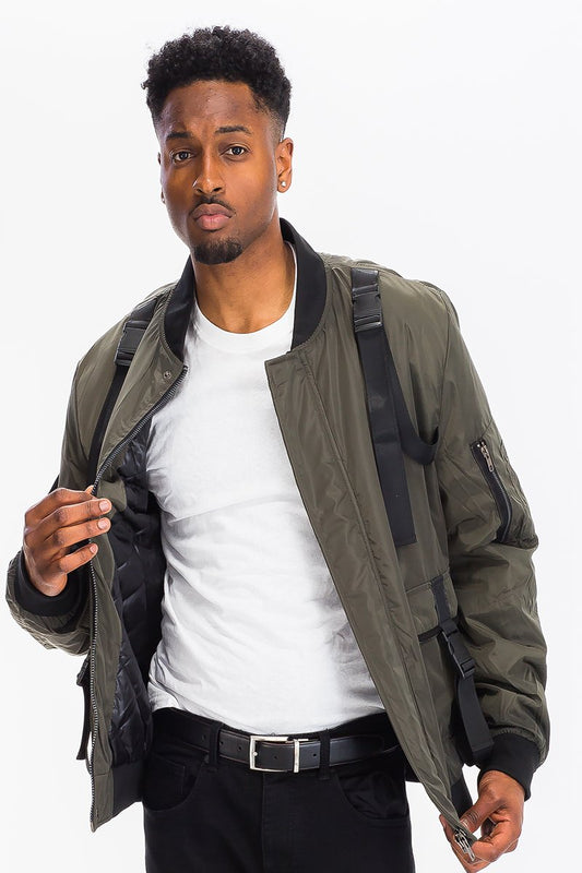 Men’s Tactical Bomber Jacket – Utility Straps, Ribbed Cuffs, Full Zip