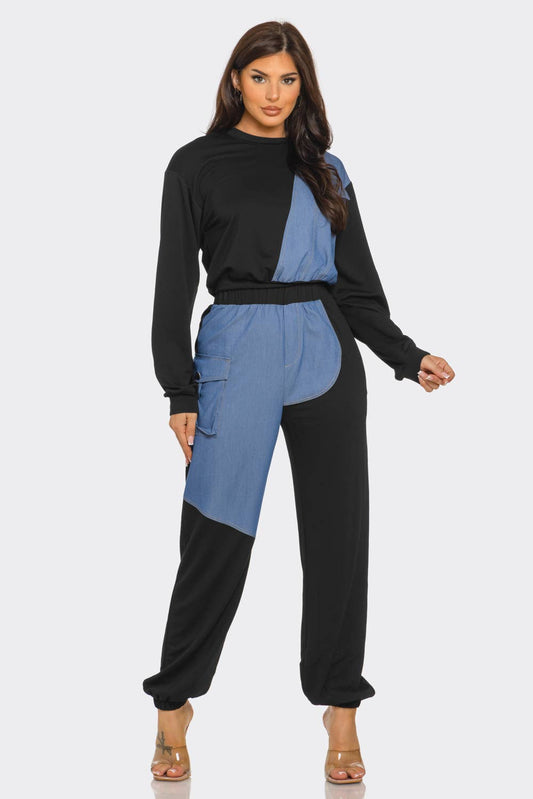 French Terry Color Block Denim Detail Top Pockets Pants Set