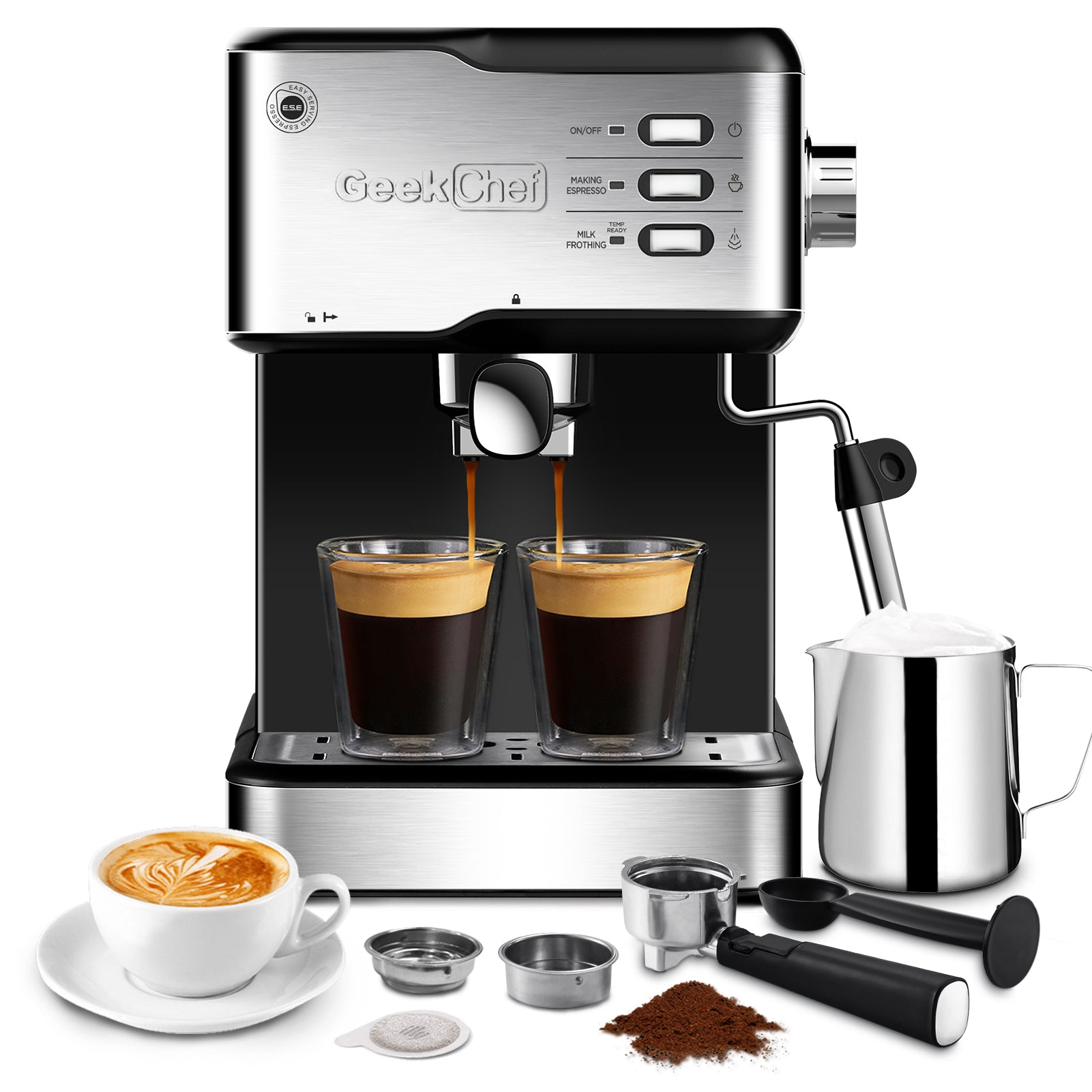 NEW Chef Espresso Machine, Espresso & Cappuccino Latte Maker 20 Bar Coffee Machine Compatible With ESE POD Capsules Filter&Milk Frother Steam Wand, 950W, 1.5L Water Tank Ban On Amazon