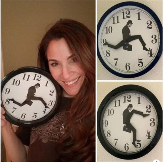 Woman holding creative wall clock with a running man silhouette as clock hands in different positions