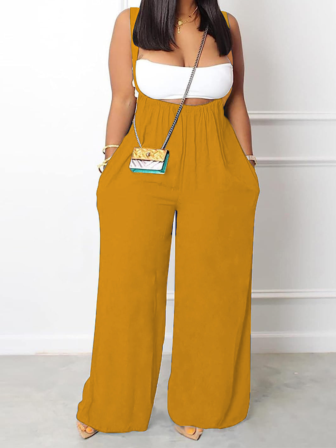 NEW Plus Size Solid Color Pocket Overalls Casual Women&