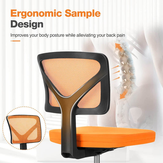 Ergonomic orange mesh office chair backrest with posture improvement graphic and text
